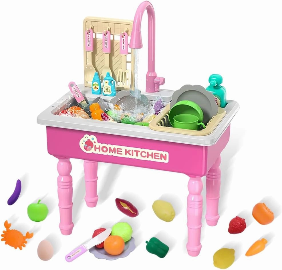 Play Kitchen Sink Toys with Running Water, Toddler Electric Dishwasher Playing Toy with Cutting Foods, 33 PCS Pretend Role Play Accessories Set, Learning Gift for Girls Boys (Pink)