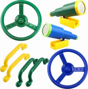 Playground Accessories Swingset Plastic Pirate Ship Steering Wheel Safety Handles Telescope for Kids Outdoor Playground Treehouse Jungle Gym Accessories (8 Pcs- Green,Blue,Yellow Set)