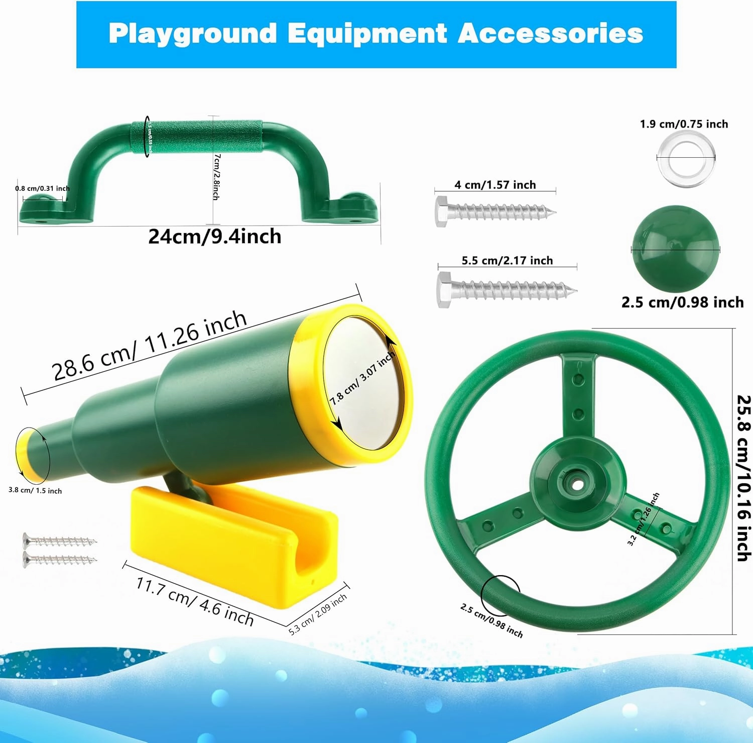 Playground Accessories Swingset Plastic Pirate Ship Steering Wheel Safety Handles Telescope for Kids Outdoor Playground Treehouse Jungle Gym Accessories (8 Pcs- Green,Blue,Yellow Set)