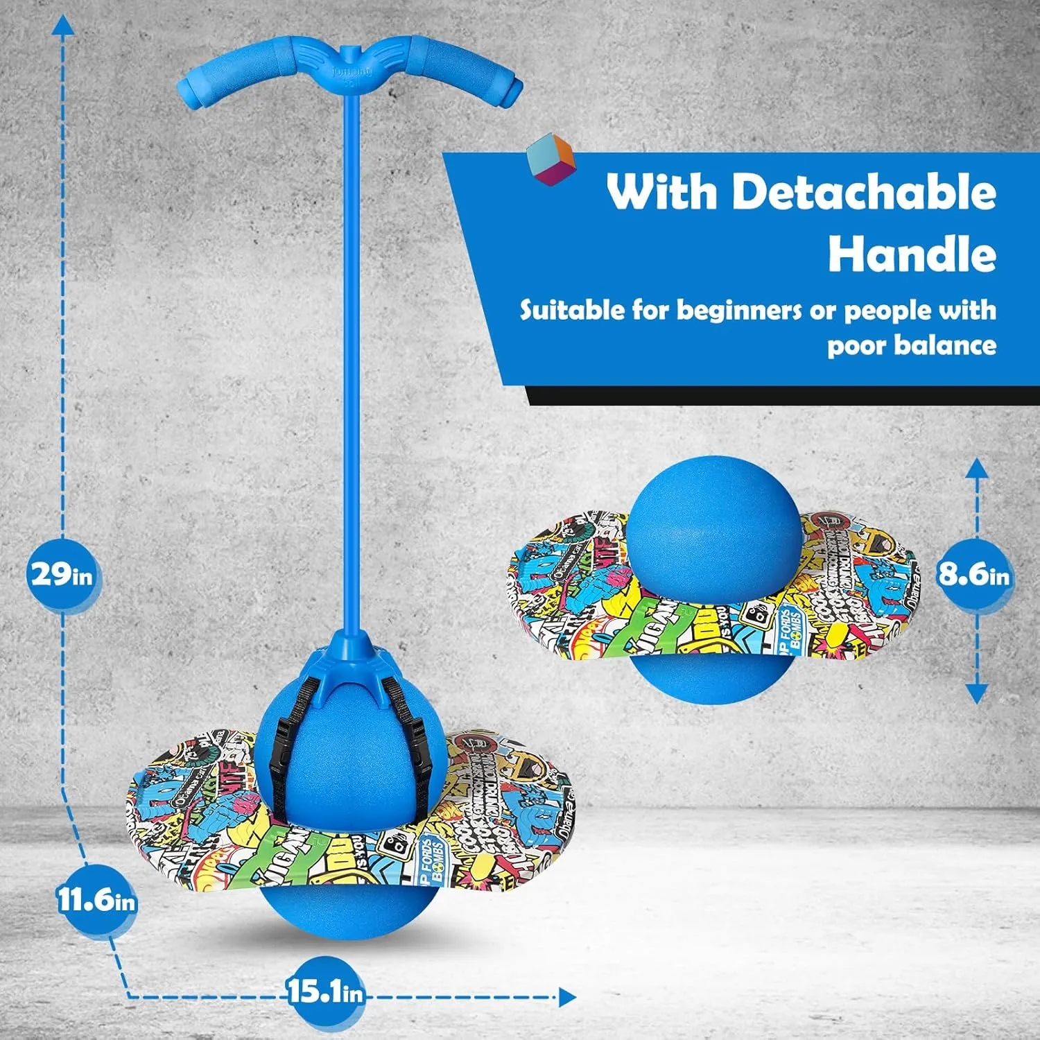 Pogo Ball with Handles for Kids & Adults, Balance Bounce Ball, Trick Board for Girls and Boys Ages 6 and up (Blue-Colourful)