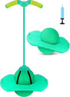 Pogo Jumper with Handle and Ball Pump, High Jump Toy Bounce Jump Trick Board Pogo Bouncing Ball Safe and Fun Pogo Stick for Kids Boys Girls and Adults (Green)