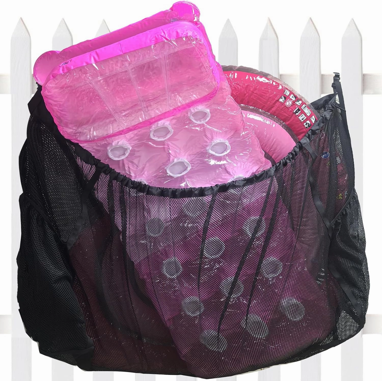 Pool Float Storage, Pool Storage Bag, Heavy Duty Pool Pouch, Extra Large 62" Pool Hanging Mesh Organizer with 2 Side Pockets for Floats, Balls, Pool Accessories - Attaches to Pool Side, Fence