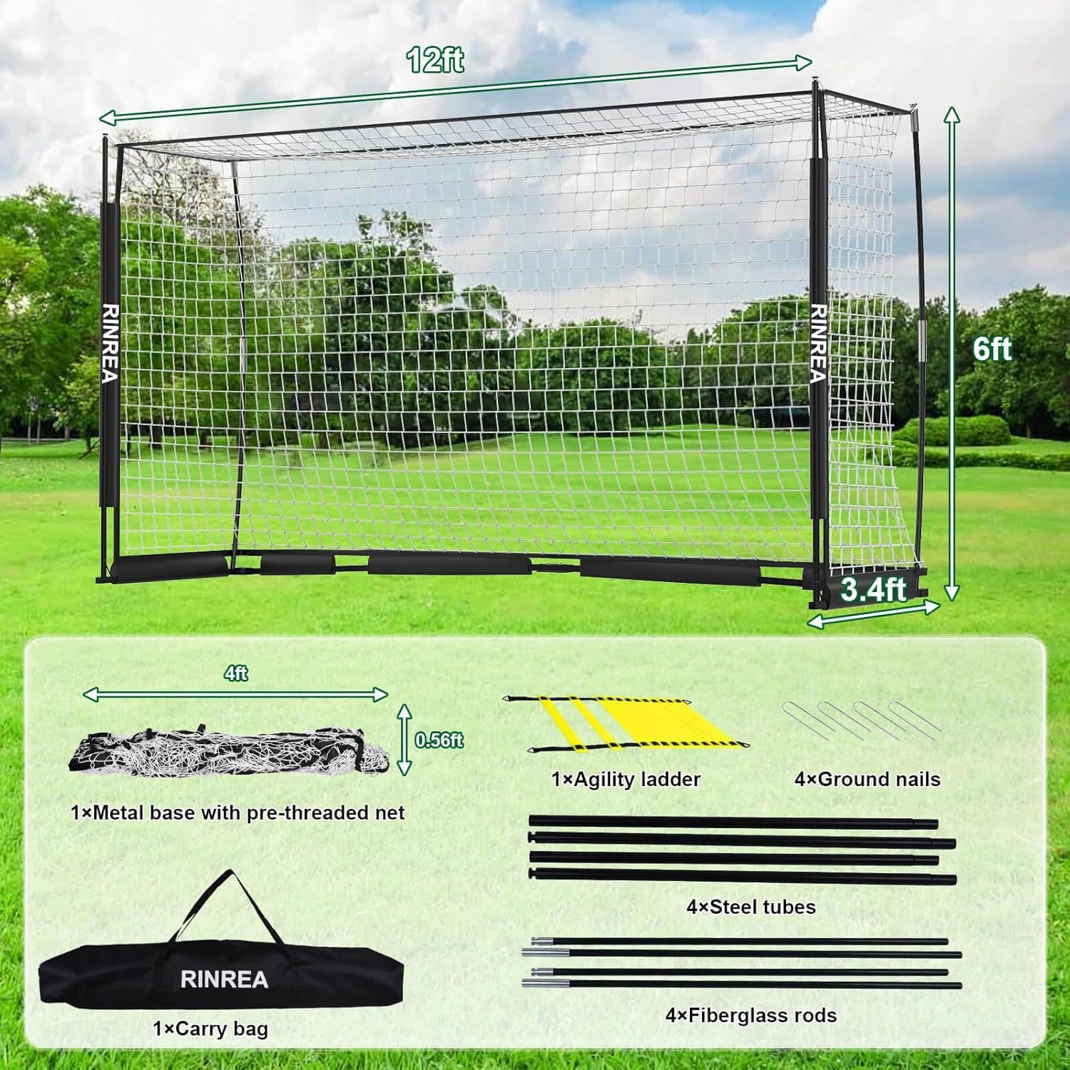 Portable Soccer Goal, Collapsible Soccer Goal Net Metal Base, Quick Setup Soccer Training Equipment with 1 Carry Bag, 1 Agility Ladder, 4 Ground Nails