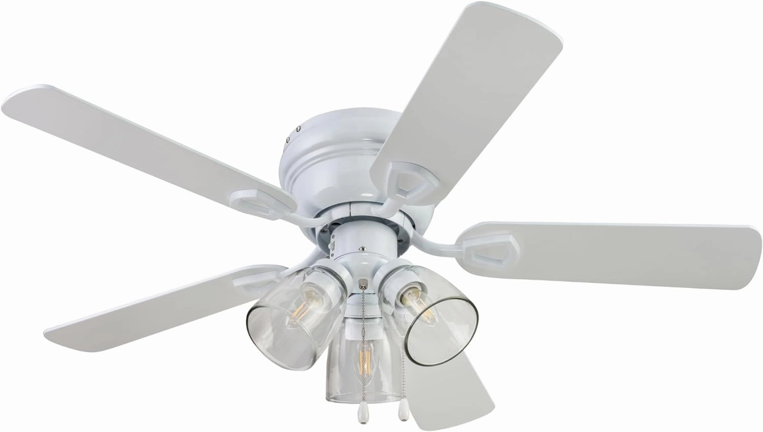 Portage Bay Ceiling Renton 42" White Indoor Fan with Clear 3 Light LED Multi Arm E26/B11 Bulb and Pull-Chains, Traditional Style, 5 Reversible Gray Oak Blades, 51438, 42 Inch