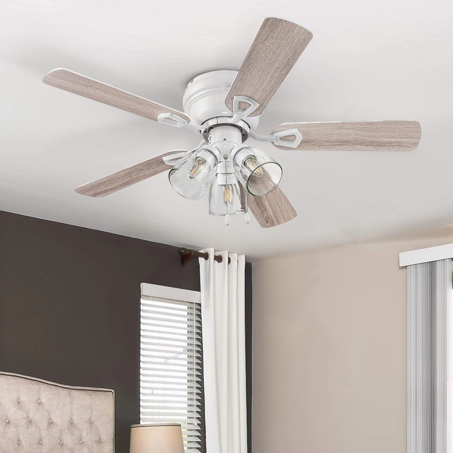 Portage Bay Ceiling Renton 42" White Indoor Fan with Clear 3 Light LED Multi Arm E26/B11 Bulb and Pull-Chains, Traditional Style, 5 Reversible Gray Oak Blades, 51438, 42 Inch
