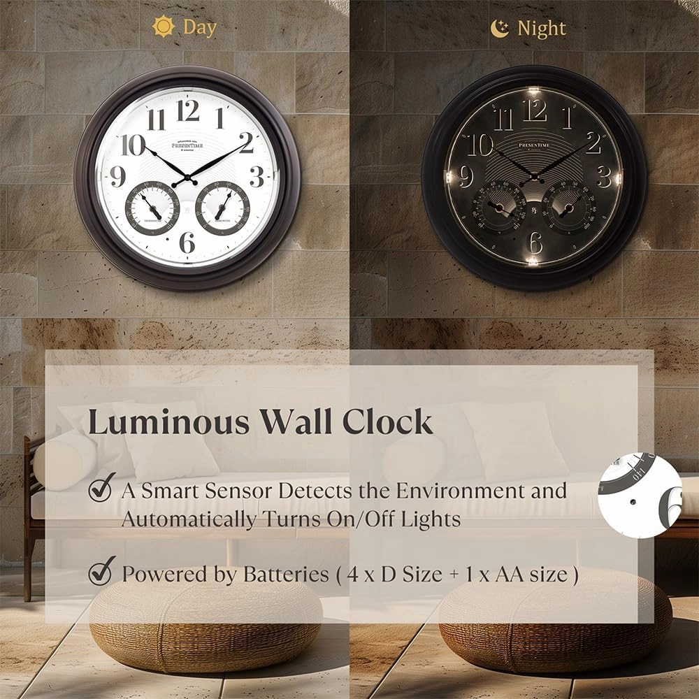 Presentime & Co 18" Illuminated in/Outdoor Clock with Smart Sensor and Night Light, Waterproof, Large Wall Clock with Thermometer & Hygrometer, for Garden and Patio - Oil Rubbed Bronze