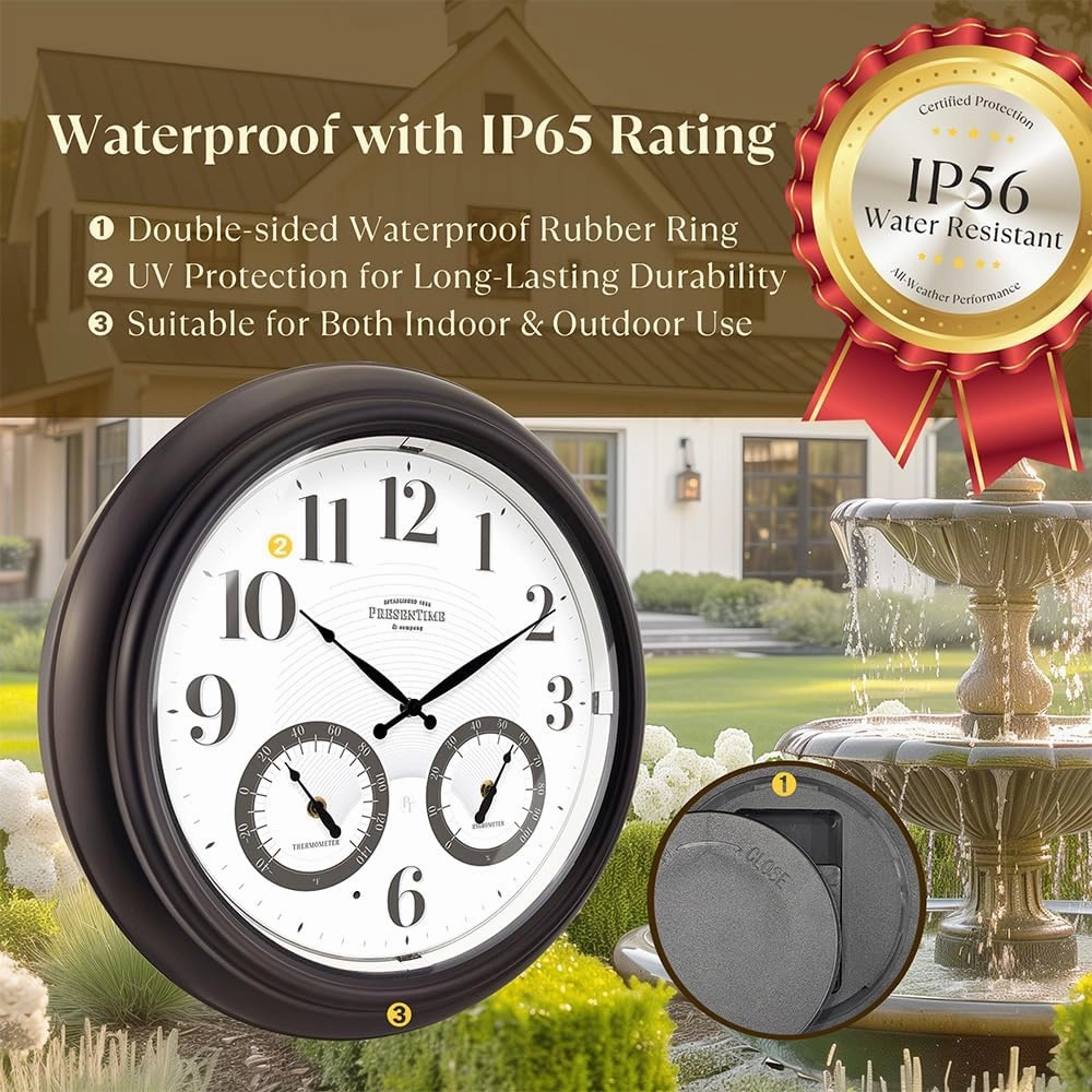 Presentime & Co 18" Illuminated in/Outdoor Clock with Smart Sensor and Night Light, Waterproof, Large Wall Clock with Thermometer & Hygrometer, for Garden and Patio - Oil Rubbed Bronze