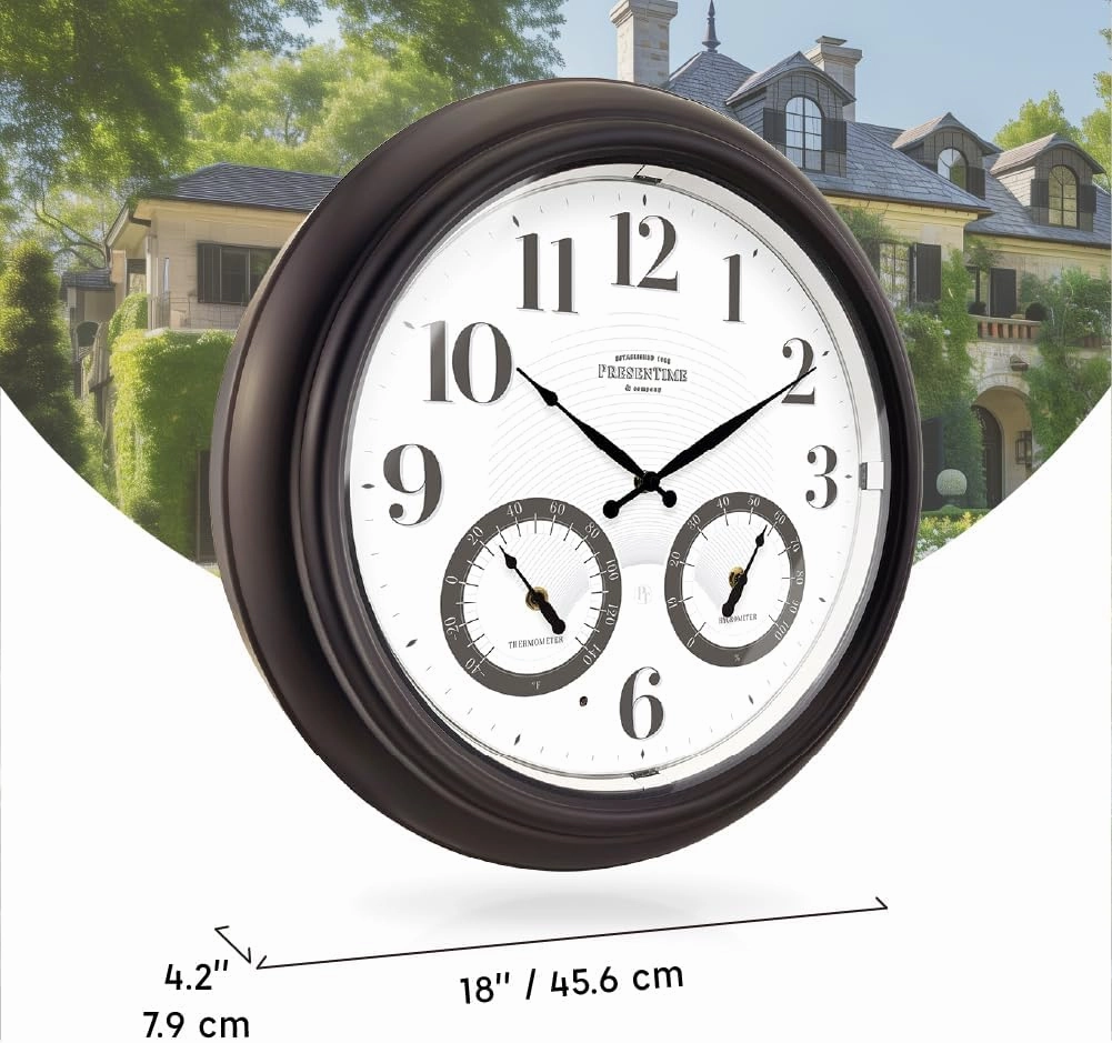 Presentime & Co 18" Illuminated in/Outdoor Clock with Smart Sensor and Night Light, Waterproof, Large Wall Clock with Thermometer & Hygrometer, for Garden and Patio - Oil Rubbed Bronze