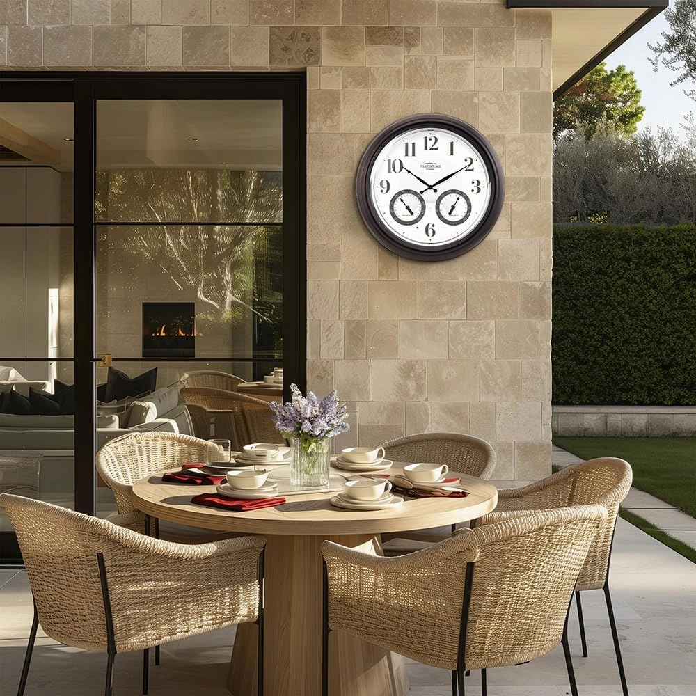 Presentime & Co 18" Illuminated in/Outdoor Clock with Smart Sensor and Night Light, Waterproof, Large Wall Clock with Thermometer & Hygrometer, for Garden and Patio - Oil Rubbed Bronze