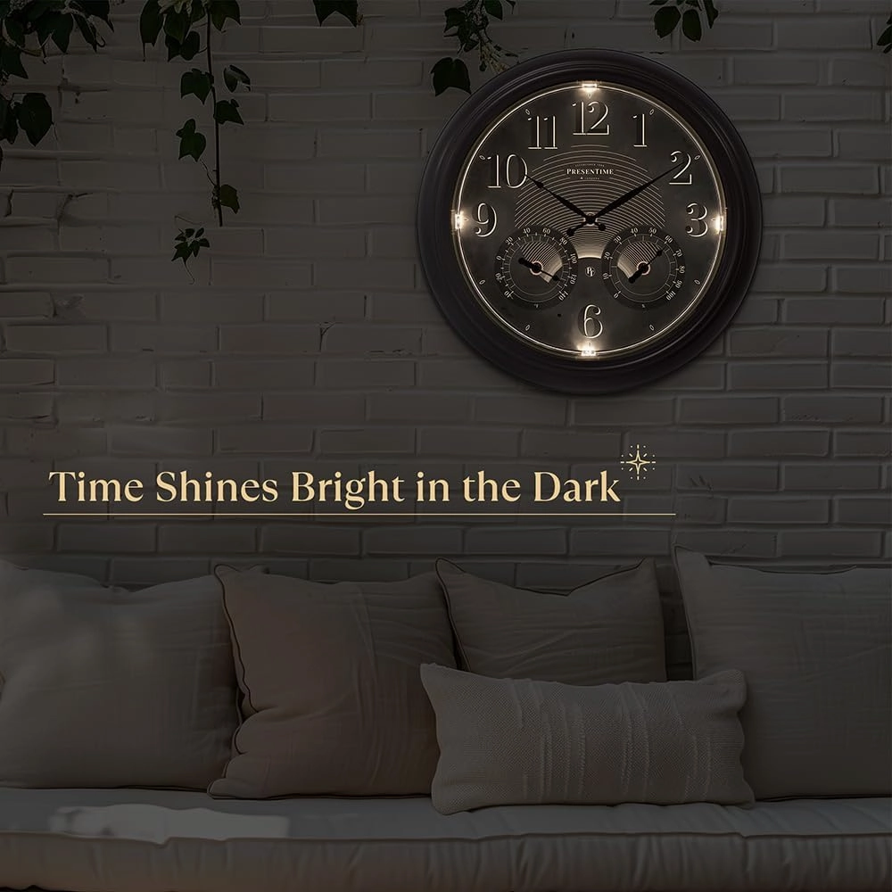 Presentime & Co 18" Illuminated in/Outdoor Clock with Smart Sensor and Night Light, Waterproof, Large Wall Clock with Thermometer & Hygrometer, for Garden and Patio - Oil Rubbed Bronze