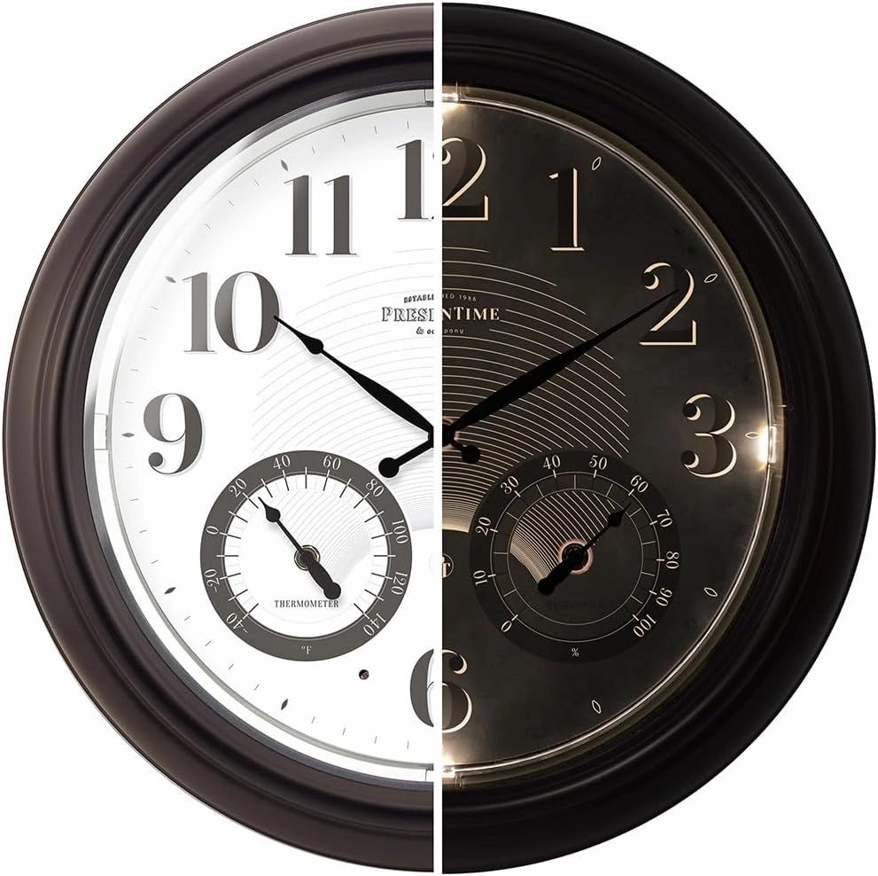 Presentime & Co 18" Illuminated in/Outdoor Clock with Smart Sensor and Night Light, Waterproof, Large Wall Clock with Thermometer & Hygrometer, for Garden and Patio - Oil Rubbed Bronze