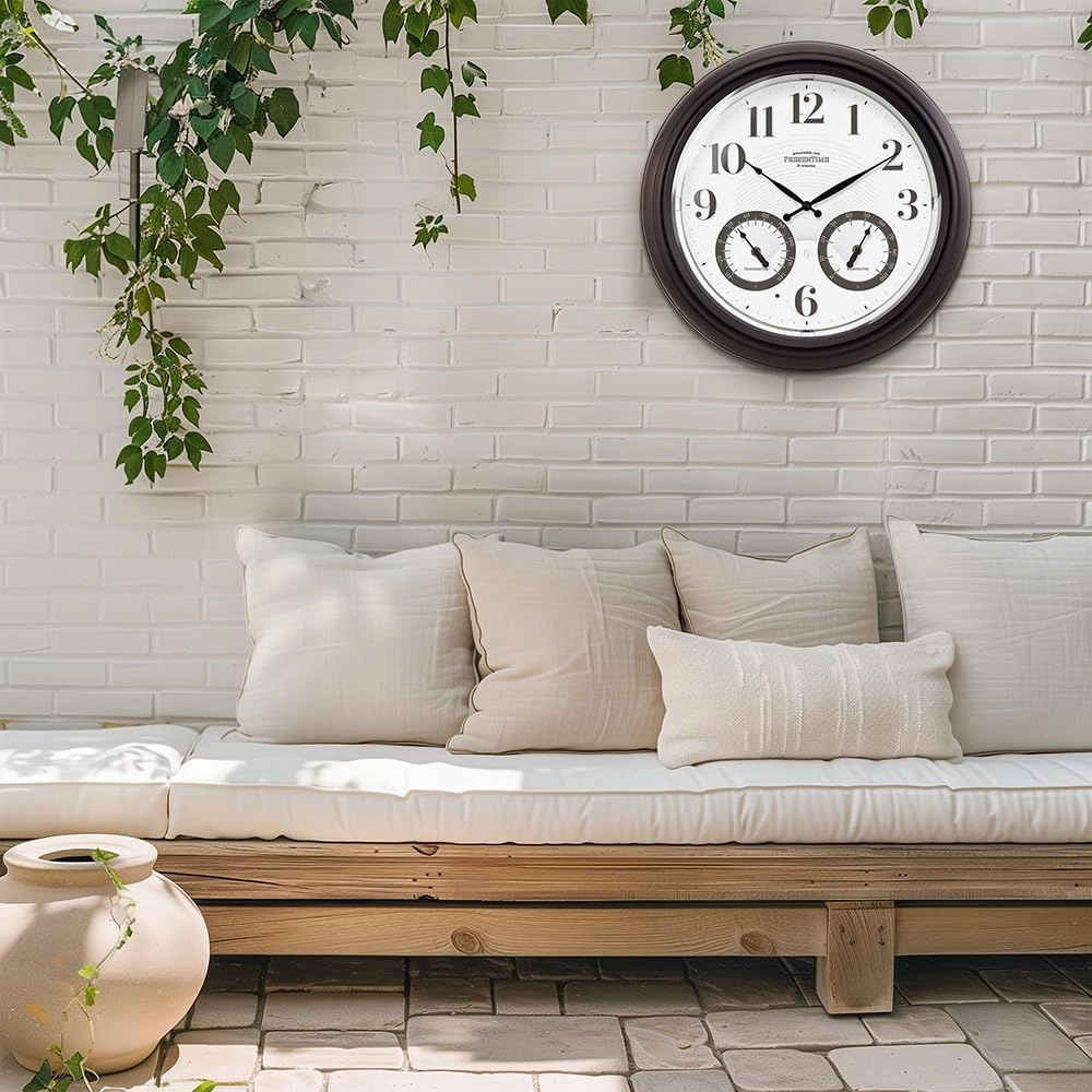Presentime & Co 18" Illuminated in/Outdoor Clock with Smart Sensor and Night Light, Waterproof, Large Wall Clock with Thermometer & Hygrometer, for Garden and Patio - Oil Rubbed Bronze
