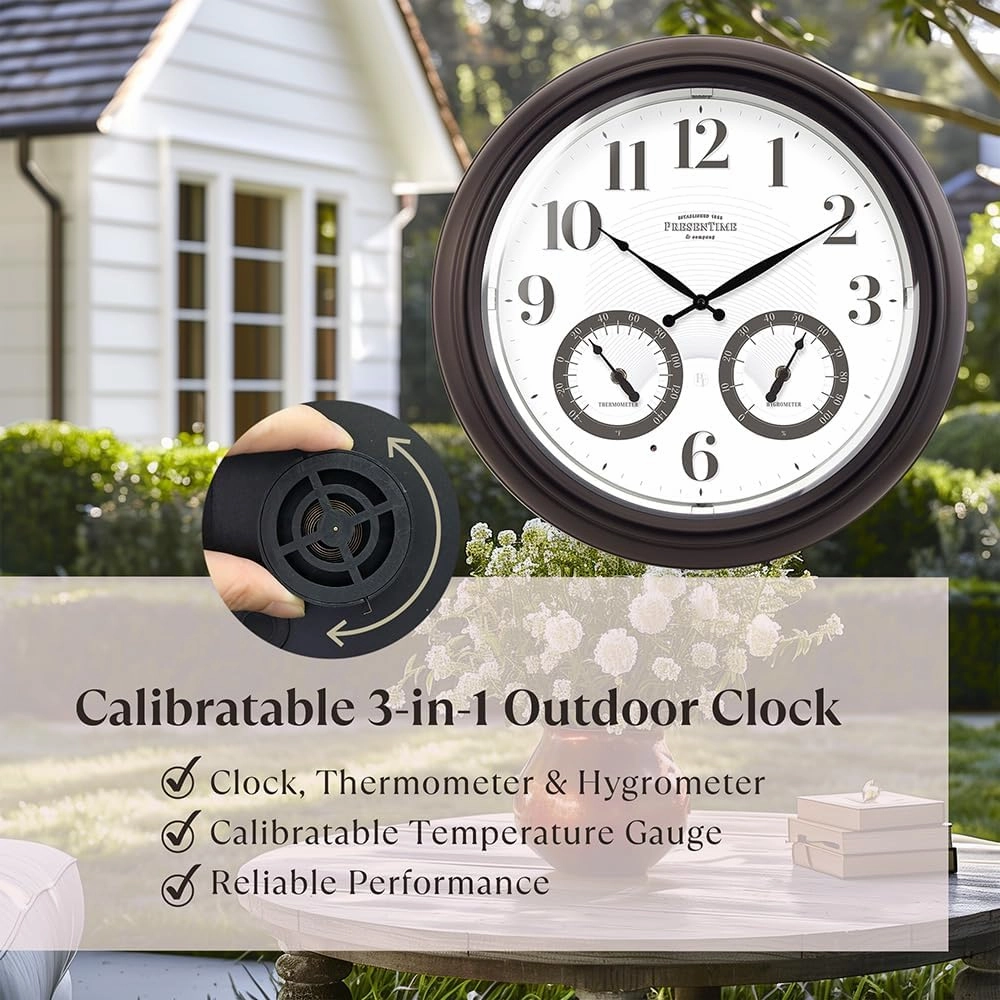 Presentime & Co 18" Illuminated in/Outdoor Clock with Smart Sensor and Night Light, Waterproof, Large Wall Clock with Thermometer & Hygrometer, for Garden and Patio - Oil Rubbed Bronze