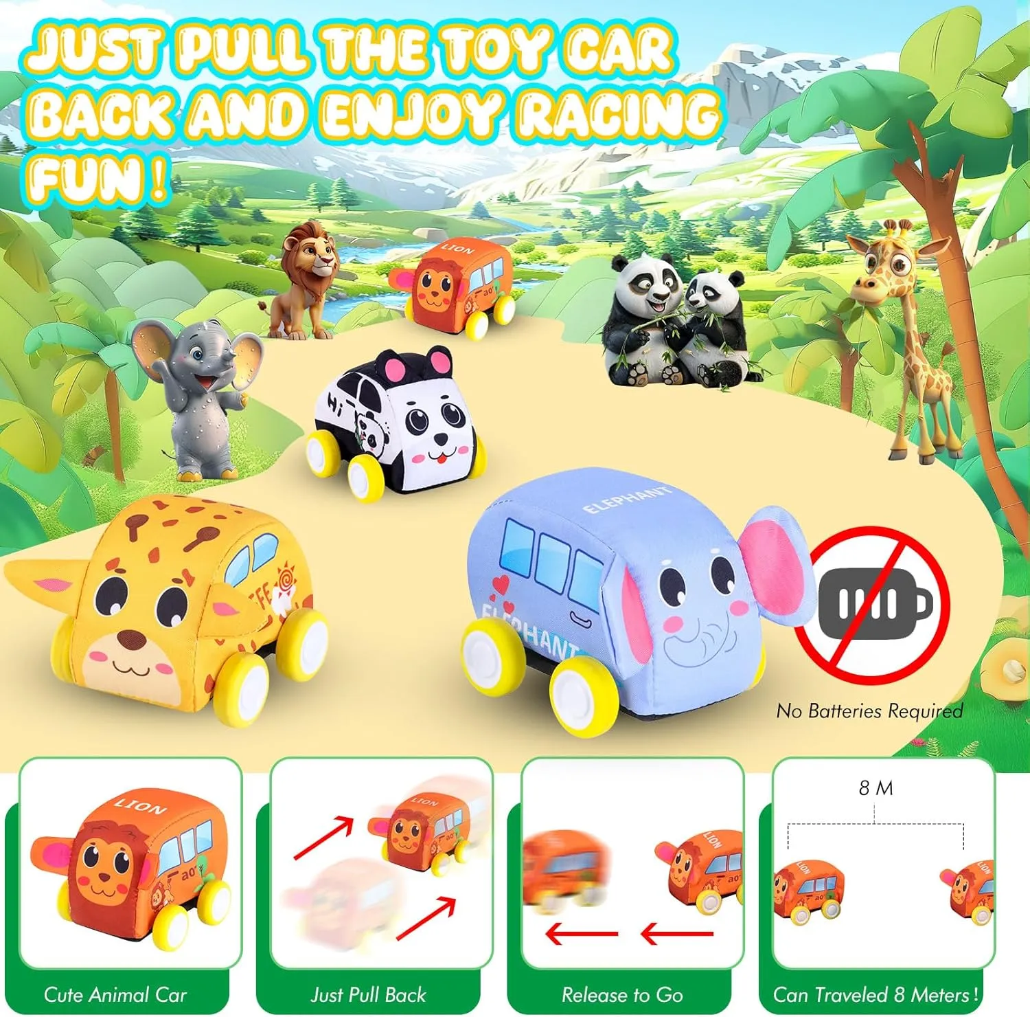 Pull Back Vehicle Set - Soft Baby Toy Set with 4 Cute Animal Cars, First Birthday Gifts for Toddler Toys Age 1-3
