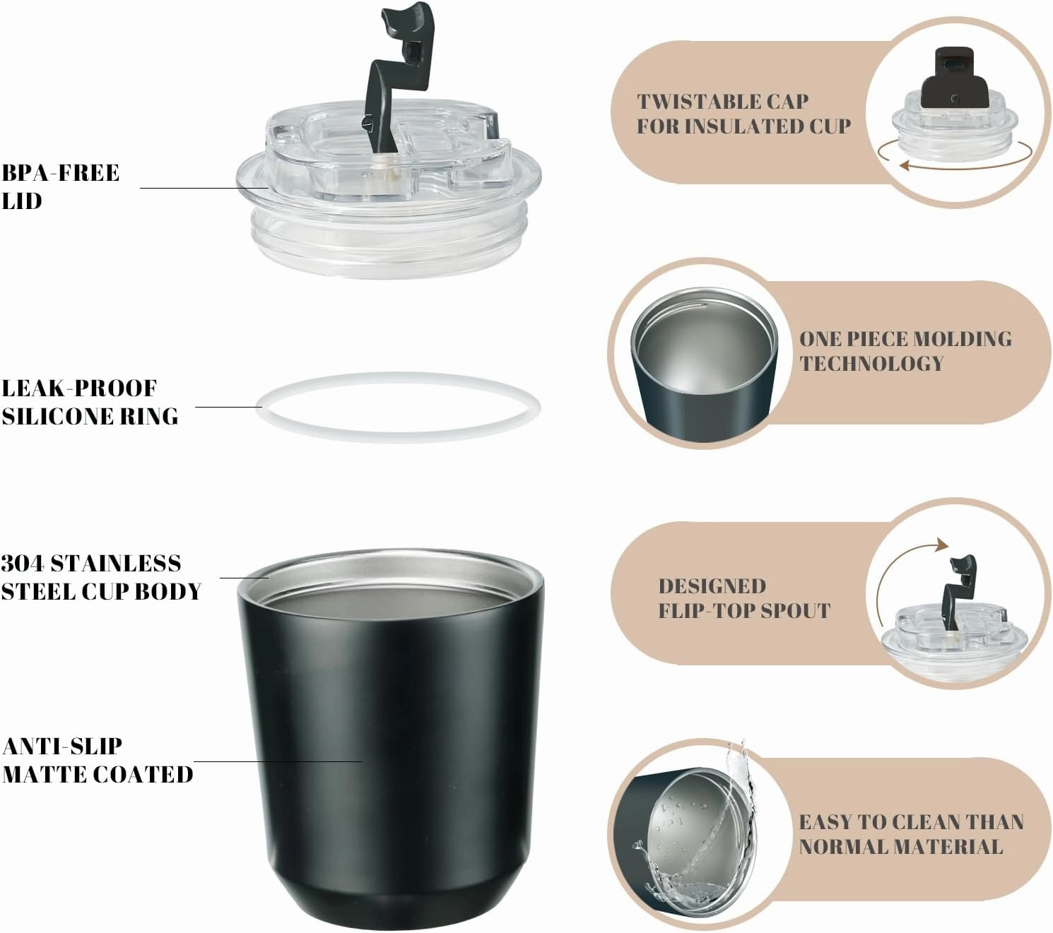 Puraville 2 Pack Insulated Tumblers with Lid, 10 oz Travel Coffee Mug Stainless Steel Vacuum Cup, Leak Proof Double Walled Coffee Tumbler for Iced and Hot Drinks, Black and Cream