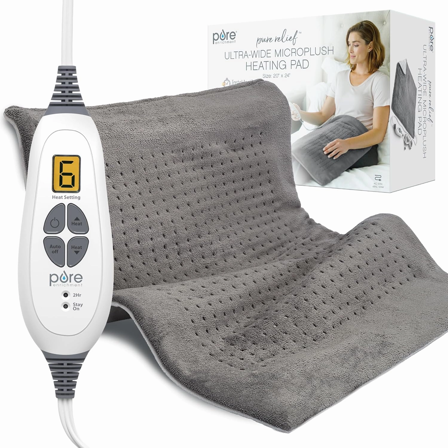 Pure Enrichment PureRelief Ultra-Wide Microplush Heating Pad - 20” x 24” XXL Size & 6 Heat Settings for Temporary Neck, Shoulder & Back Pain Relief - Moist Heat Option & Machine Washable (Gray)