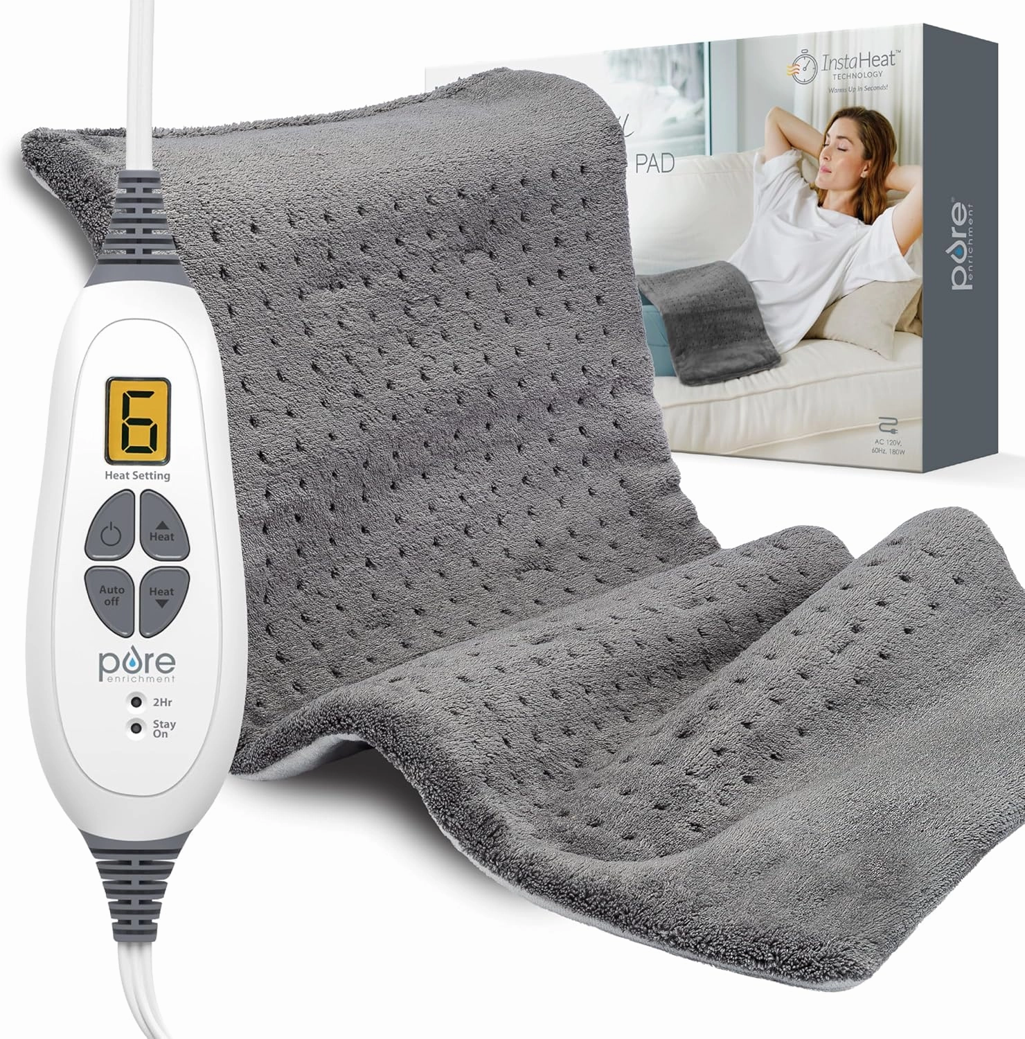 Pure Enrichment PureRelief XL Heating Pad - 12" x 24" Electric Heating Pad for Back Pain & Cramps, 6 Heat Settings, FSA/HSA Eligible, Soft Machine Wash Fabric, Auto-Off & Moist Heat (Charcoal Gray)