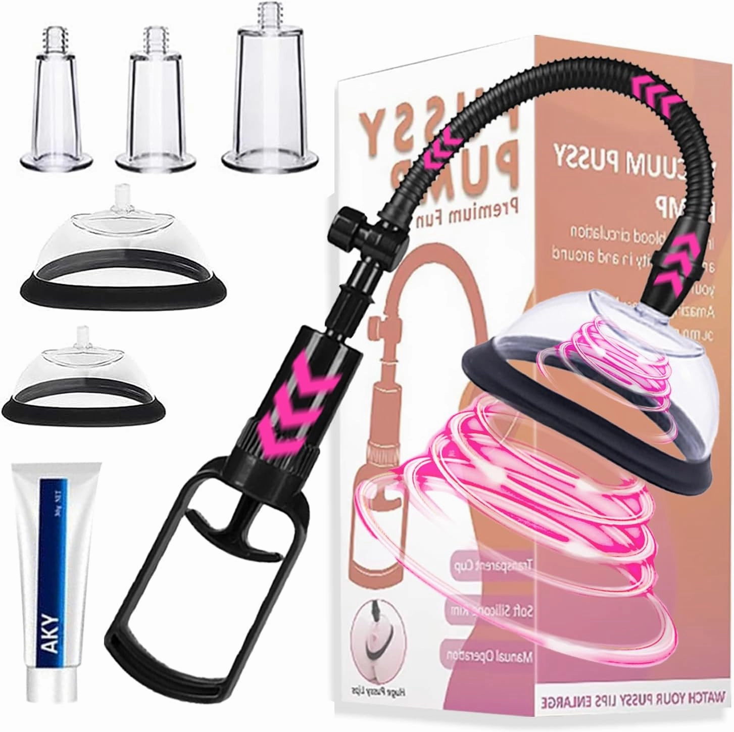Pussy Pump Sex Toy with 5 Cups, YGOJKE Manual Nipple and Clitoral Suction Cups for Increased Sensation and Enhanced Female Sexual PleasureVacuum Pump, Nipple Clitoral Stimulator for Adult Play (Black)