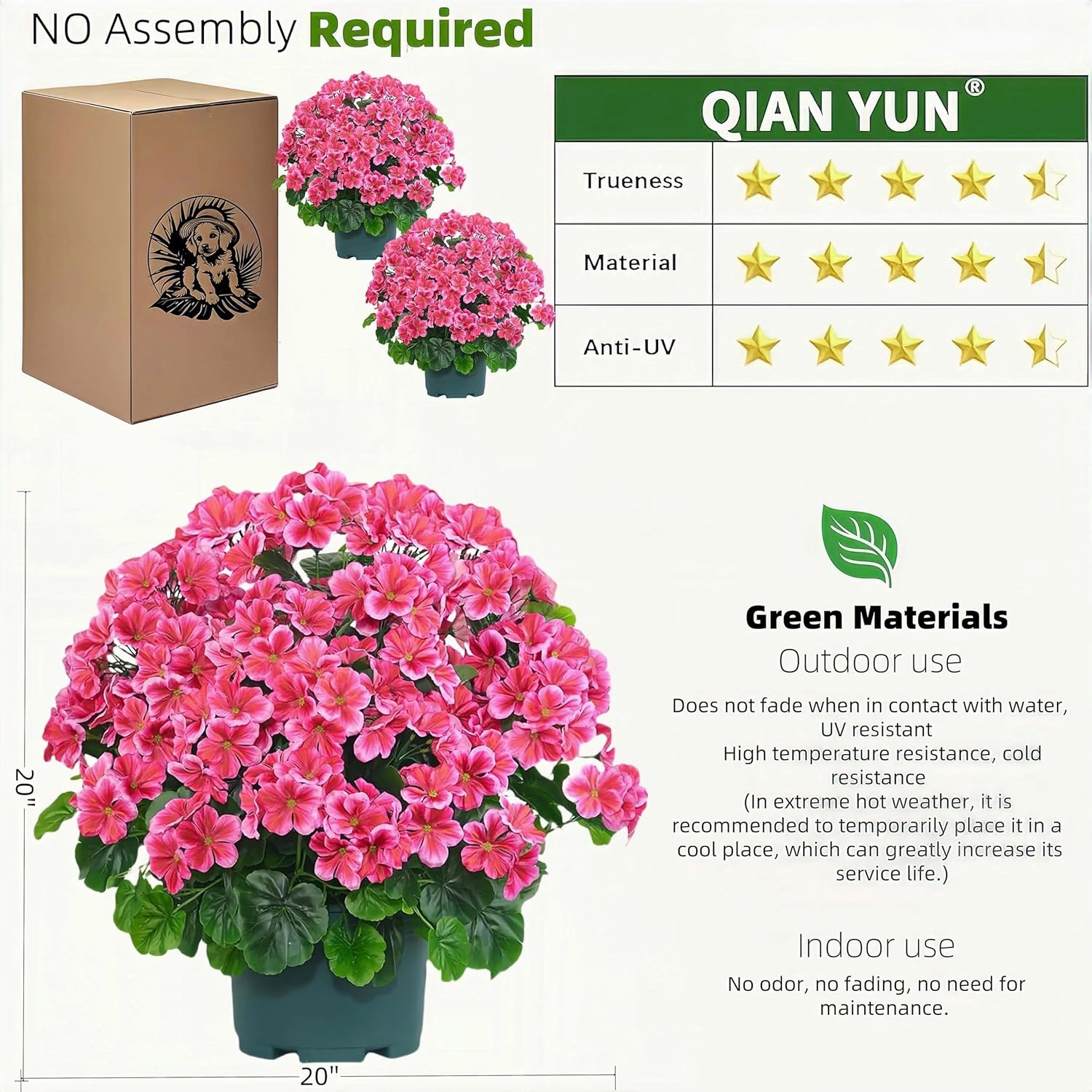 QIANYUN Artificial Topiary for Outdoors- 20” Potted Plant Fake Geraniums Bush-UV Resistant Artificial Outdoor Plant for Front Porch, Garden, Yard, Patio Decor (Dark Pink)