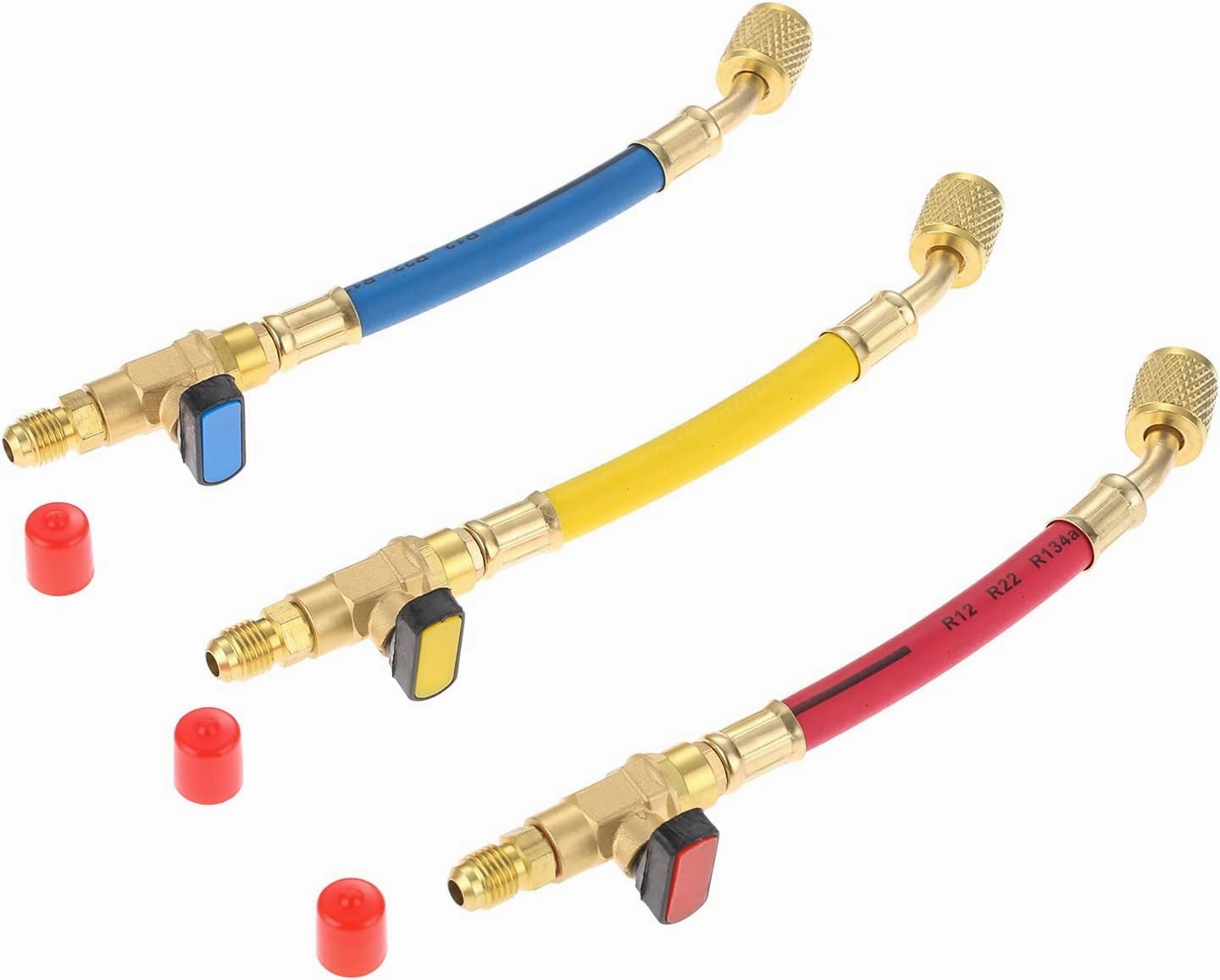 R134A R410A R22 R12 Refrigeration Charging Hose Set with Ball Valve, 1/4" SAE Thread AC HVAC Manifold Gauge Hose Kit, Low Loss Refrigerant Hoses with Ball Valves, 3pcs Color Coded Hoses 9.8‘’