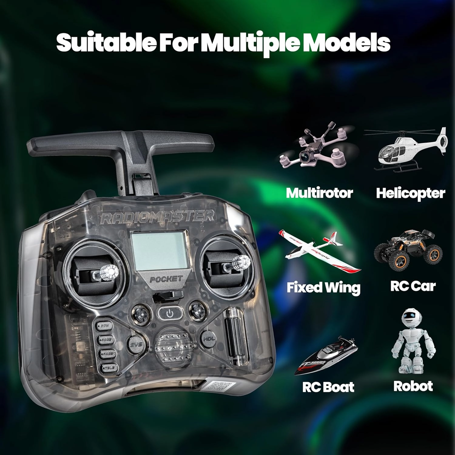 Radiomaster Pocket ELRS Remote Controller Portable Hall Gimbal EdgeTX Transmitter with LED Light for FPV Drone/RC Helicopter&Car Boats&Multirotor(Black,Mode 2)