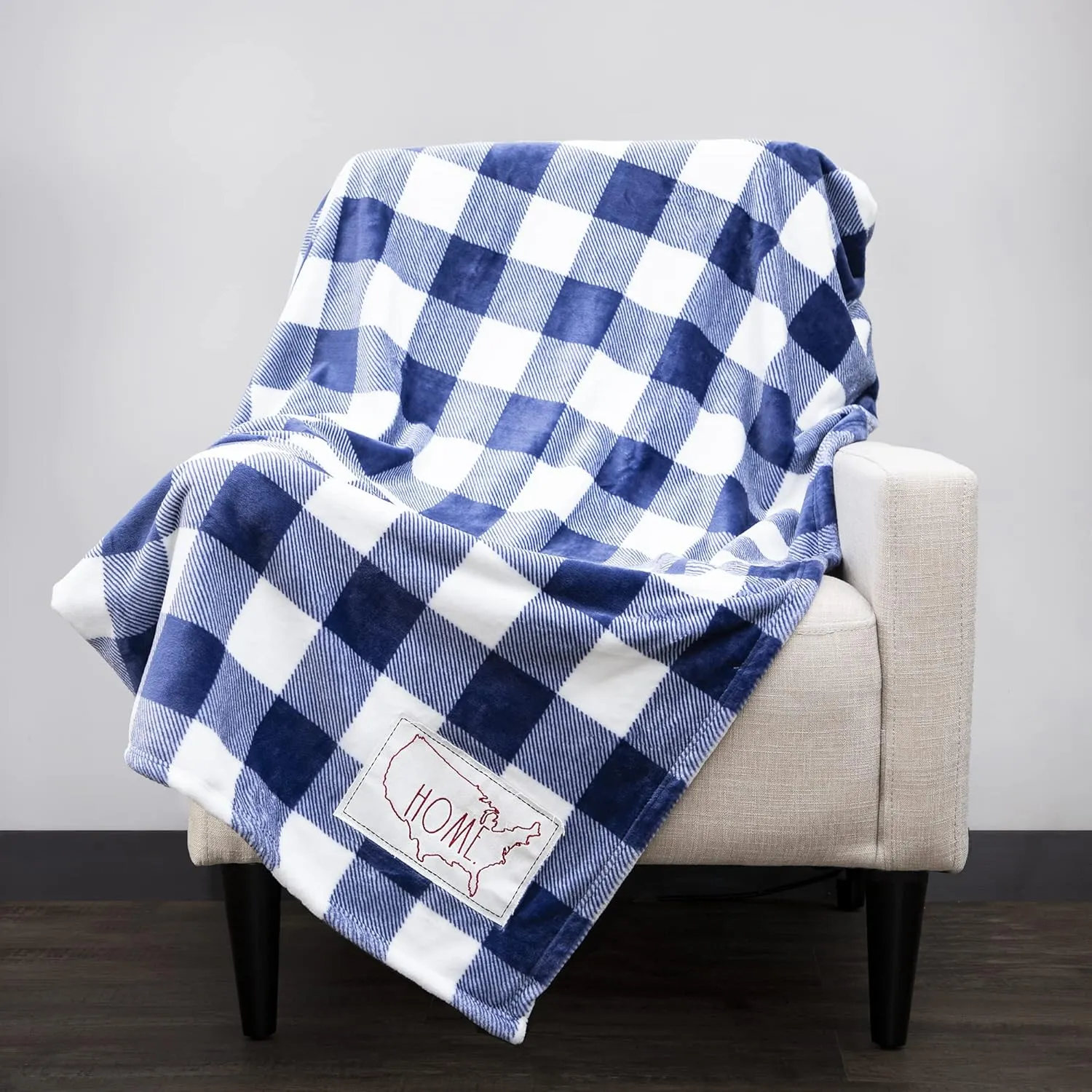 Rae Dunn Throw Blanket- Soft, Decorative Blankets for Bed or Couch, Cozy Throws for Sofa, Plush, Checkered Pattern, Fleece Throw Embroidered with Home, 50 inches x 60 inches