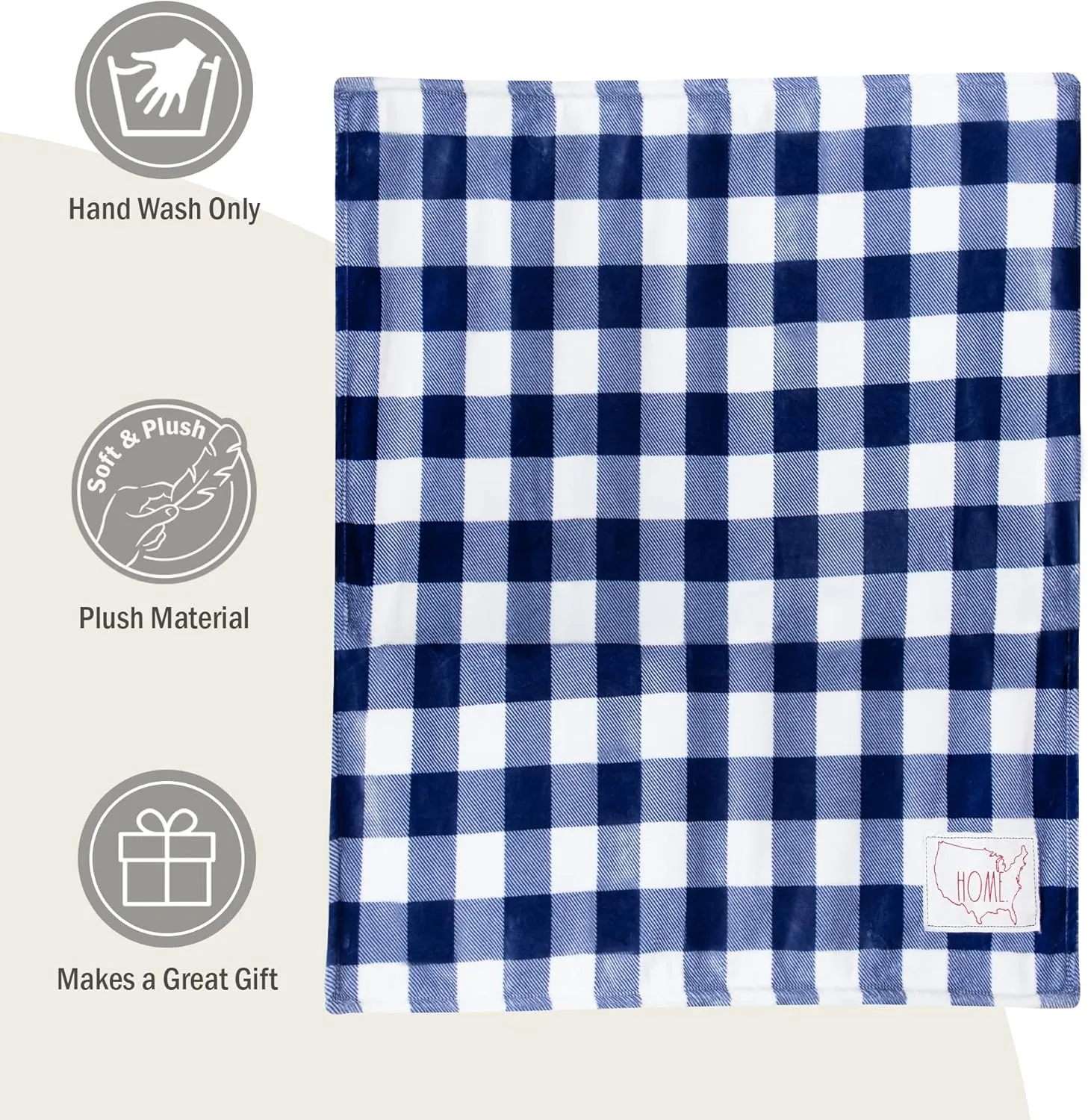 Rae Dunn Throw Blanket- Soft, Decorative Blankets for Bed or Couch, Cozy Throws for Sofa, Plush, Checkered Pattern, Fleece Throw Embroidered with Home, 50 inches x 60 inches