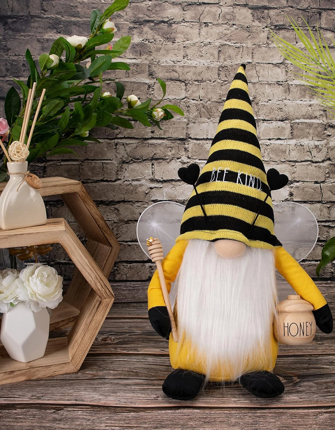 Rae Dunn Bee Gnome - Honey Decor - Decorations for Home & Office - Bumble Farmhouse Kitchen - Stuffed Plush Shelf Figurines - Gifts - Bee Kind