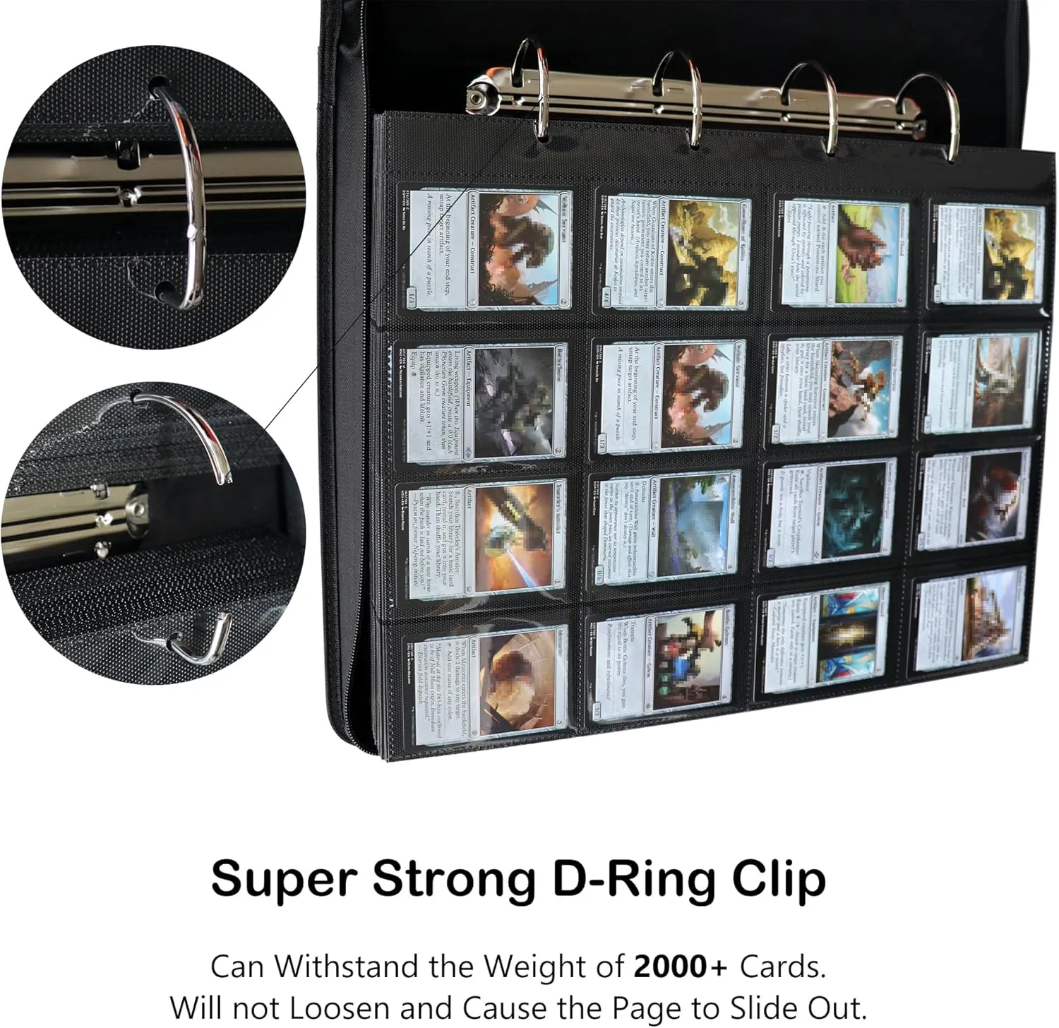 Rayvol 2000 Trading Card Binder, 16 Pocket D-Ring Card Binder Fit 2016 Cards - Large Card Collection Binder with Double-Sided Black Pages for TCG