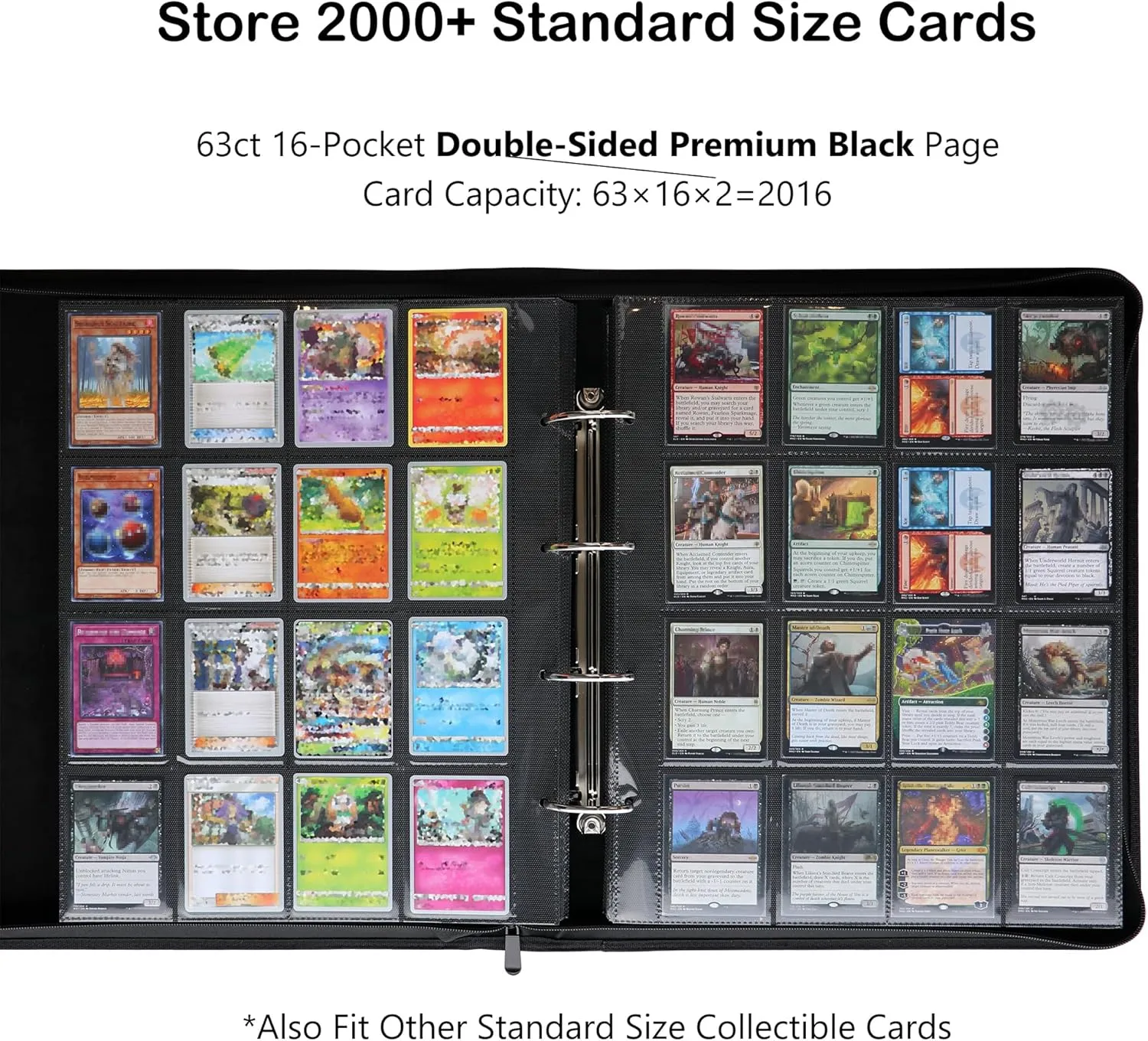 Rayvol 2000 Trading Card Binder, 16 Pocket D-Ring Card Binder Fit 2016 Cards - Large Card Collection Binder with Double-Sided Black Pages for TCG