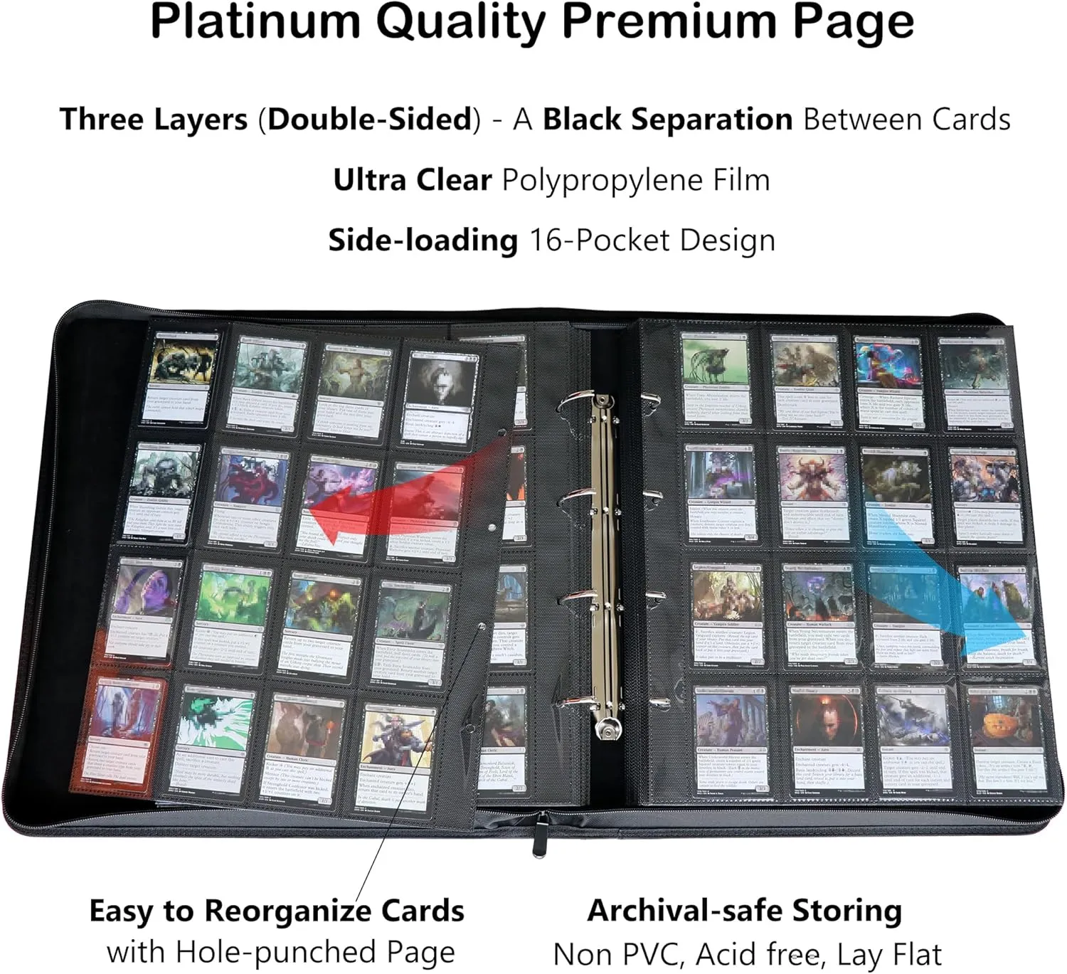 Rayvol 2000 Trading Card Binder, 16 Pocket D-Ring Card Binder Fit 2016 Cards - Large Card Collection Binder with Double-Sided Black Pages for TCG