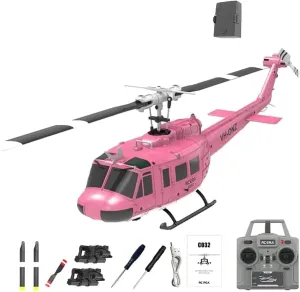 RC C032 UH-1 RC Helicopter - 2.4G 6CH Gyro Stabilized Flybarless RTF Remote Control Helicopter, 1/48 Scale RC Aircraft Model for Adults,Pink,1 Battery