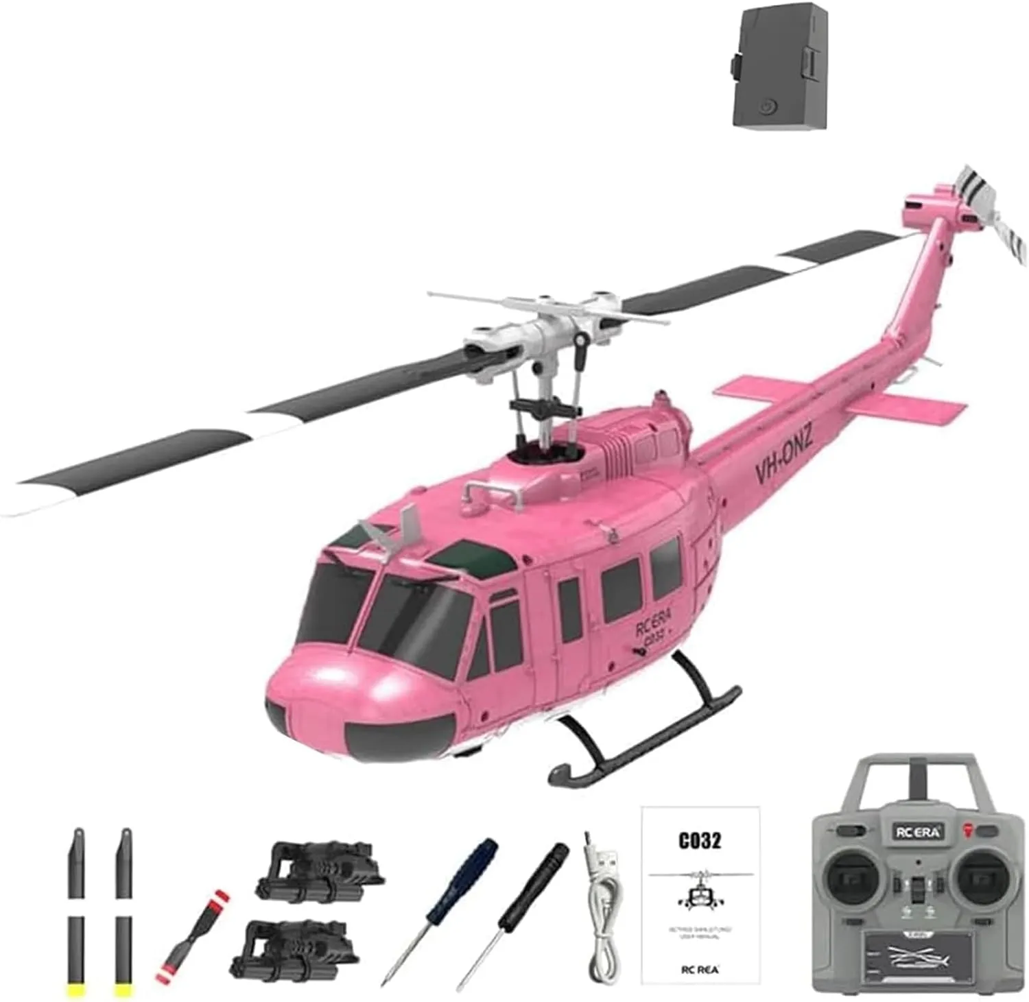 RC C032 UH-1 RC Helicopter - 2.4G 6CH Gyro Stabilized Flybarless RTF Remote Control Helicopter, 1/48 Scale RC Aircraft Model for Adults,Pink,1 Battery