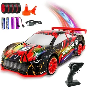 RC Drift Car 1:24 Scale RC Car with LED Lights Glow and Drifting Tires 2.4GHz Remote Control Car 4WD 14KM/h High-Speed RC Cars with 2 Rechargeable Batteries Boys Girls Kids Gift #1 Red