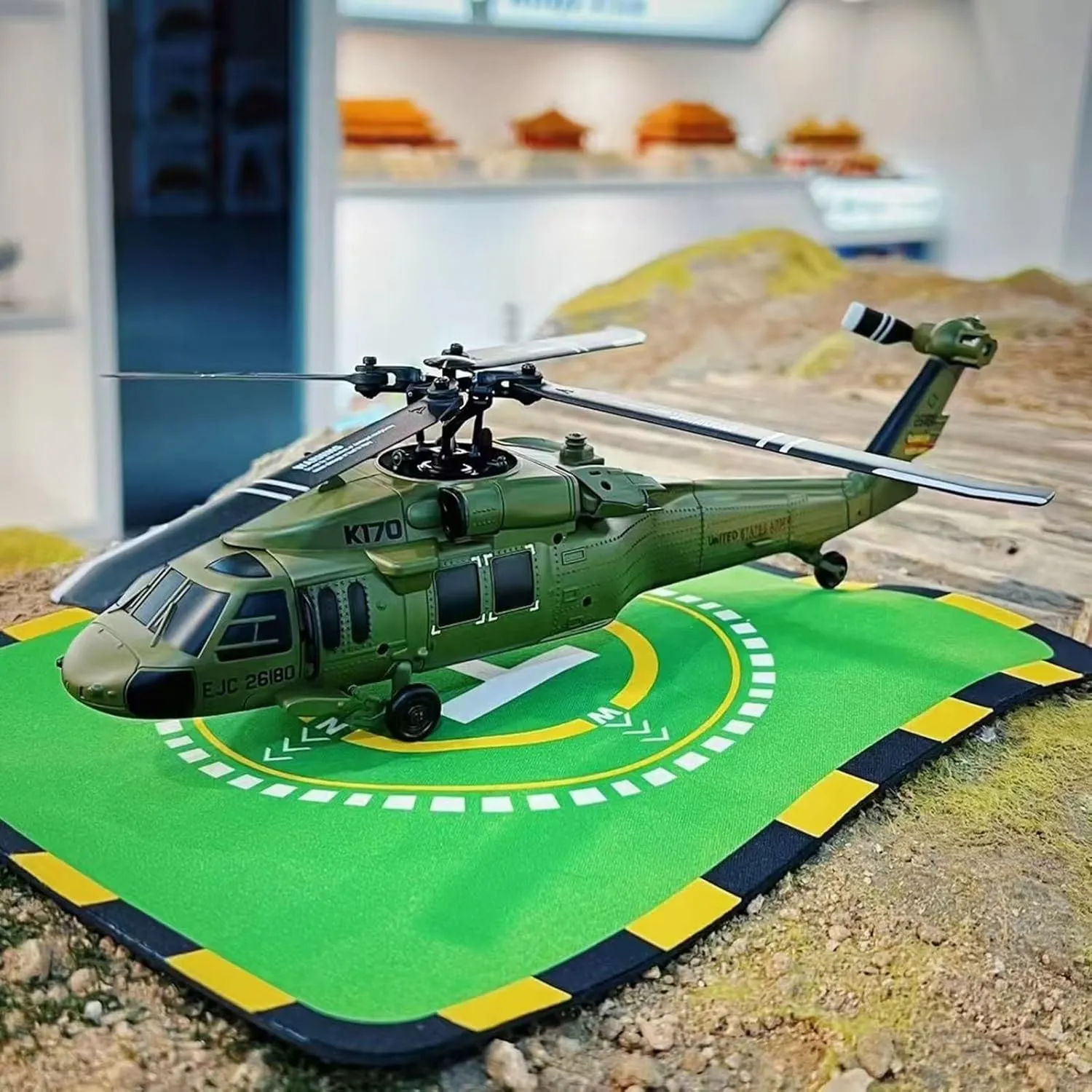 RC Helicopter, 1/30 Scale Military Helicopter, 2.4G 6CH No Aileron Helicopter, Modular Battery, One-Touch Function with Display Stand and Landing Pads Gift for Adults Beginners(2 Battery)