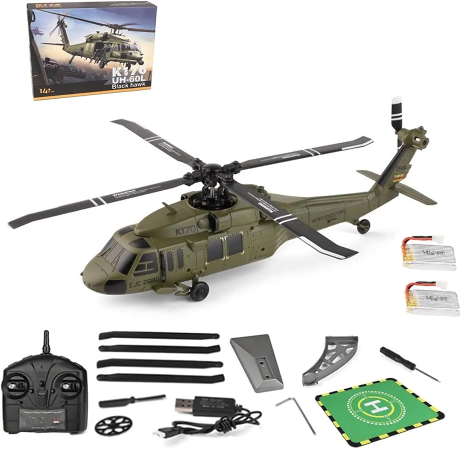 RC Helicopter, 1/30 Scale Military Helicopter, 2.4G 6CH No Aileron Helicopter, Modular Battery, One-Touch Function with Display Stand and Landing Pads Gift for Adults Beginners(2 Battery)