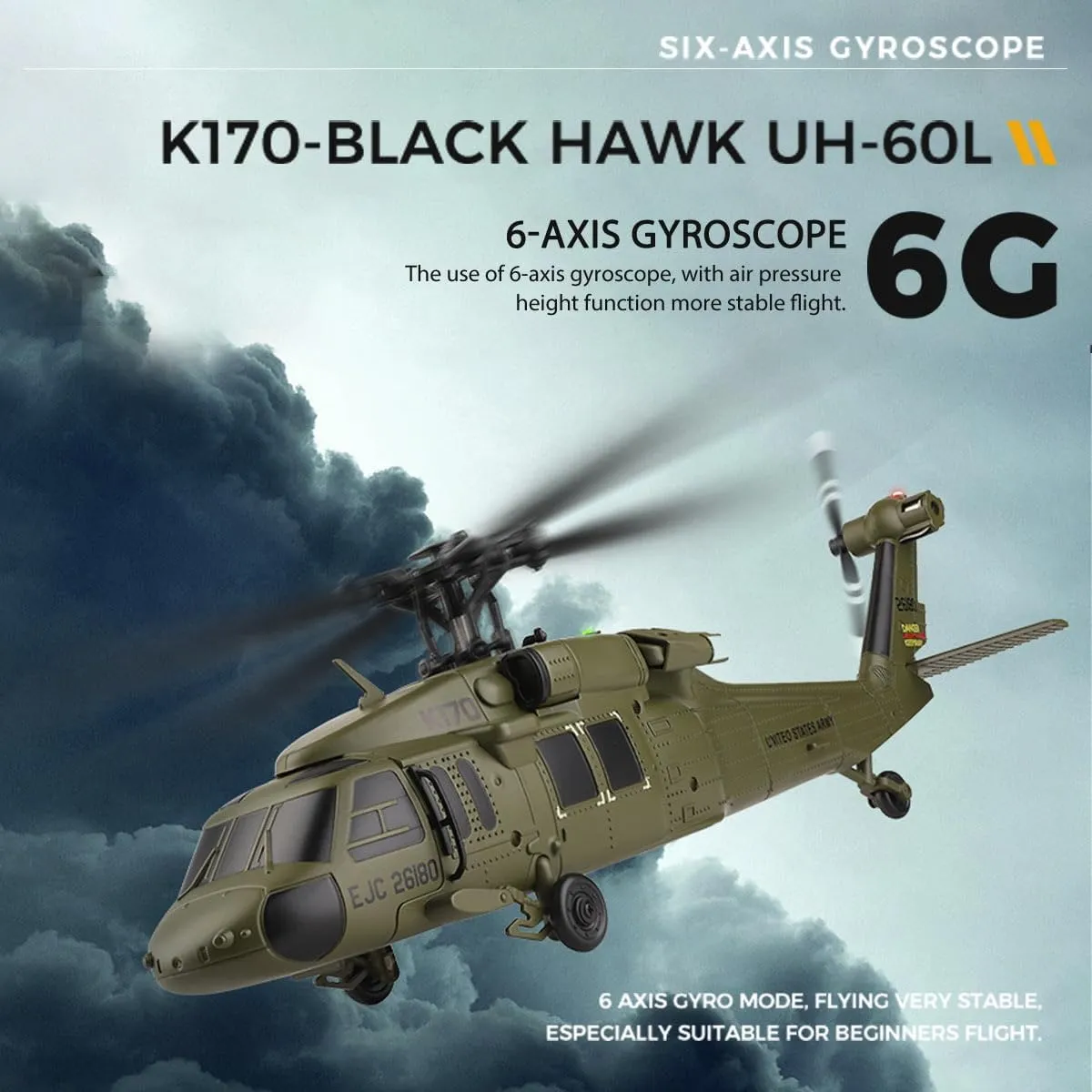 RC Helicopter Model, Wltoys K170 Black Hawk UH-60L 170 Size 4CH Flybarless Helicopter with Adjustable Left and Right Hand Throttle (RTF Version)