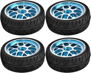 RC Wheel Tires Set, 4Pcs Aluminum Alloy Rim Wheels Rubber Tire Spare Replacement Parts for 1/10 RC Car (Blue)