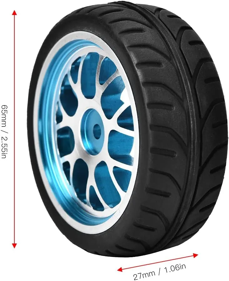 RC Wheel Tires Set, 4Pcs Aluminum Alloy Rim Wheels Rubber Tire Spare Replacement Parts for 1/10 RC Car (Blue)