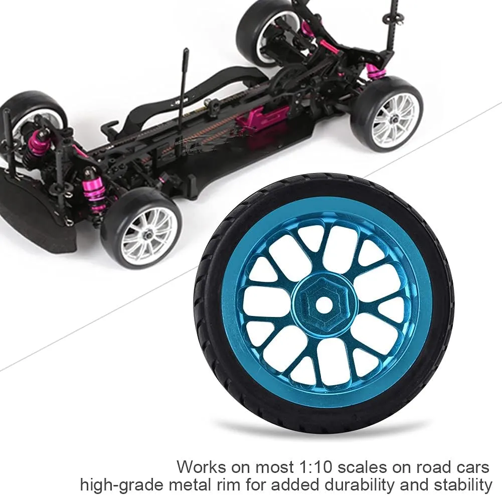 RC Wheel Tires Set, 4Pcs Aluminum Alloy Rim Wheels Rubber Tire Spare Replacement Parts for 1/10 RC Car (Blue)