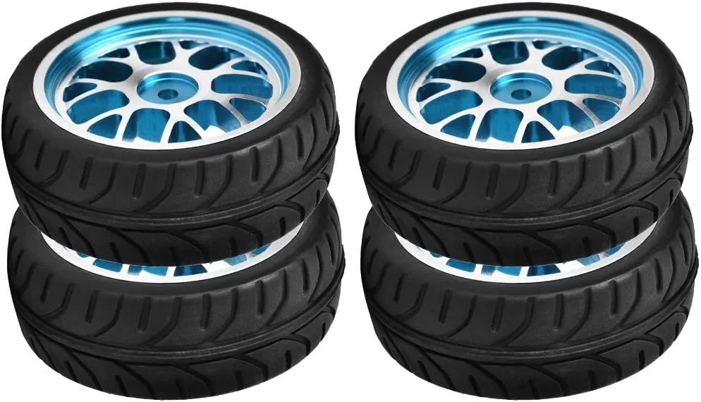 RC Wheel Tires Set, 4Pcs Aluminum Alloy Rim Wheels Rubber Tire Spare Replacement Parts for 1/10 RC Car (Blue)