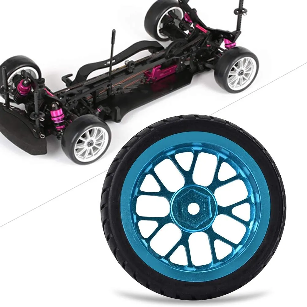 RC Wheel Tires Set, 4Pcs Aluminum Alloy Rim Wheels Rubber Tire Spare Replacement Parts for 1/10 RC Car (Blue)