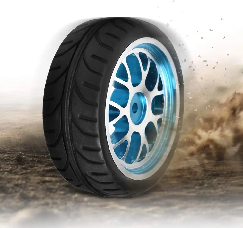 RC Wheel Tires Set, 4Pcs Aluminum Alloy Rim Wheels Rubber Tire Spare Replacement Parts for 1/10 RC Car (Blue)