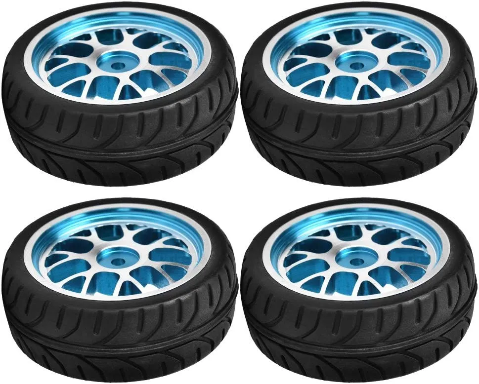 RC Wheel Tires Set, 4Pcs Aluminum Alloy Rim Wheels Rubber Tire Spare Replacement Parts for 1/10 RC Car (Blue)