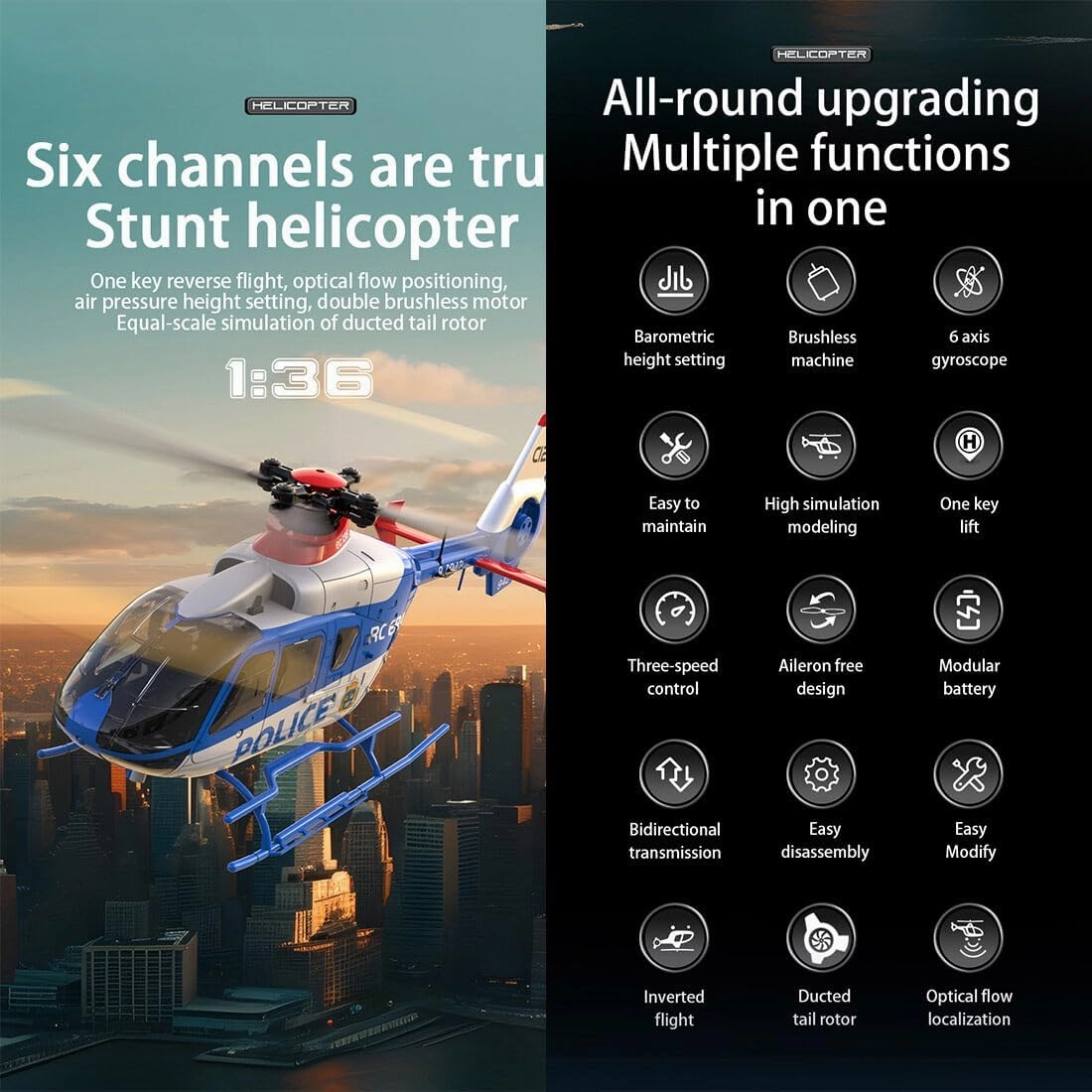 RC ERA 1/36 Scale C123 EC135 RC Helicopter, 2.4G 6CH Single-Rotor Gyroscopic Flying Aircraft Model for Adult | Altitude Hold, One-Key Takeoff/Landing (1PCS Battery/Blue & White)