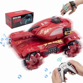 RC Stunt Tank with Light, Watch Gesture Sensor RC Tank Toy, 360 Rotation Remote Control Stunt Car Shooting Water Bullets (Red), Halloween Toys,Festival Gifts