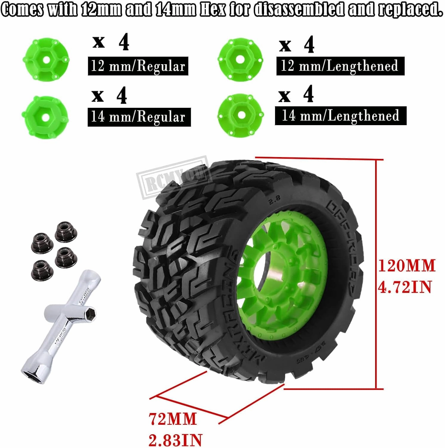 RC Truck Tires Wheel 12mm/14mm Hex for 1/10 Arrma Big Rock Granite Vortek/Stampede Rustler Hoss/Axial Losi Redcat Rc4wd,4-Pack RC Wheels Tires,Green
