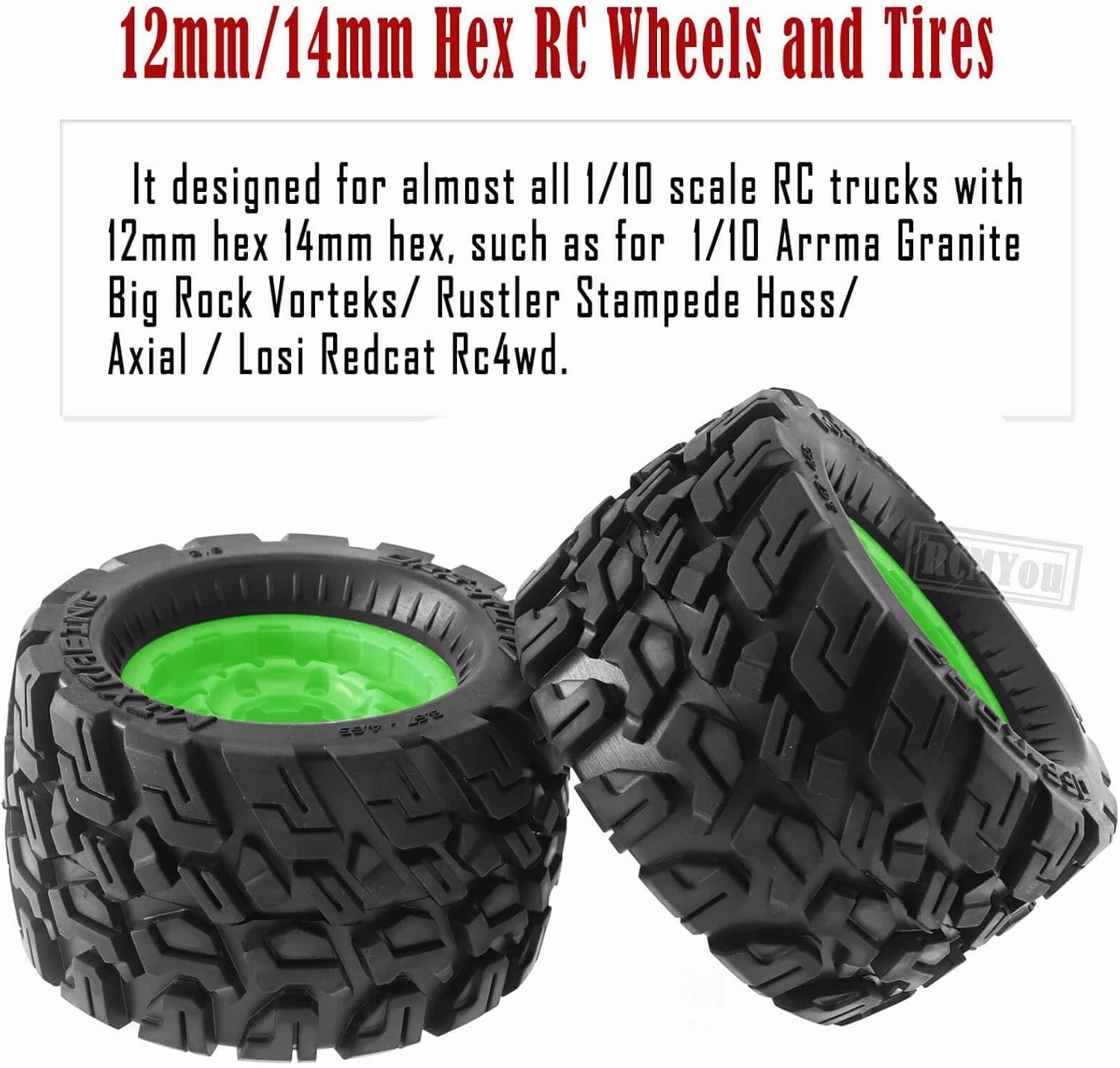 RC Truck Tires Wheel 12mm/14mm Hex for 1/10 Arrma Big Rock Granite Vortek/Stampede Rustler Hoss/Axial Losi Redcat Rc4wd,4-Pack RC Wheels Tires,Green