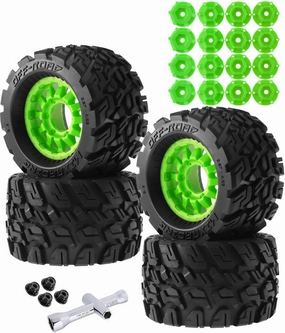 RC Truck Tires Wheel 12mm/14mm Hex for 1/10 Arrma Big Rock Granite Vortek/Stampede Rustler Hoss/Axial Losi Redcat Rc4wd,4-Pack RC Wheels Tires,Green