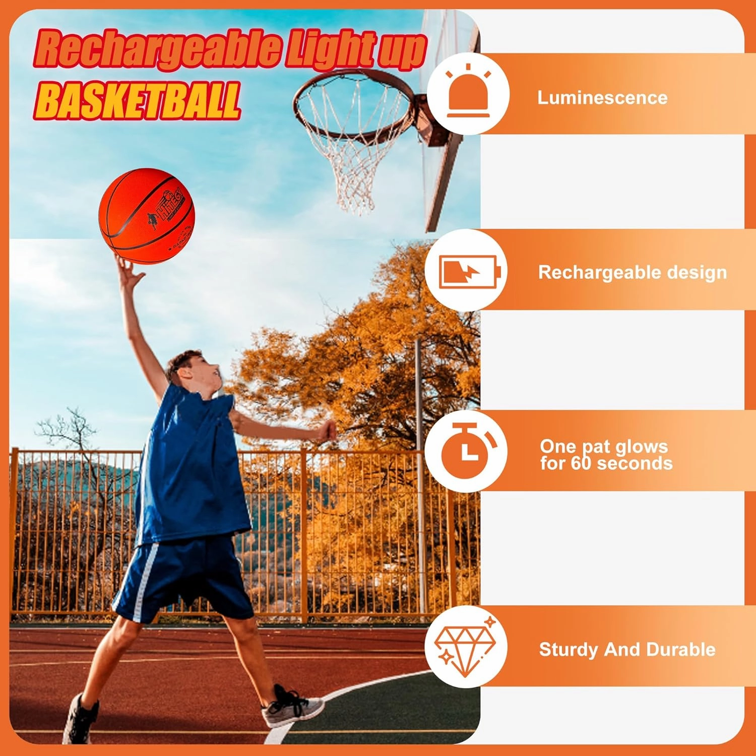 Rechargeable Glow in The Dark Basketball - USB Charging, Water-Resistant, Size 7, Impact Activated, Includes Pump & Charging Cable - Rechargeable Light Up Basketball - Orange